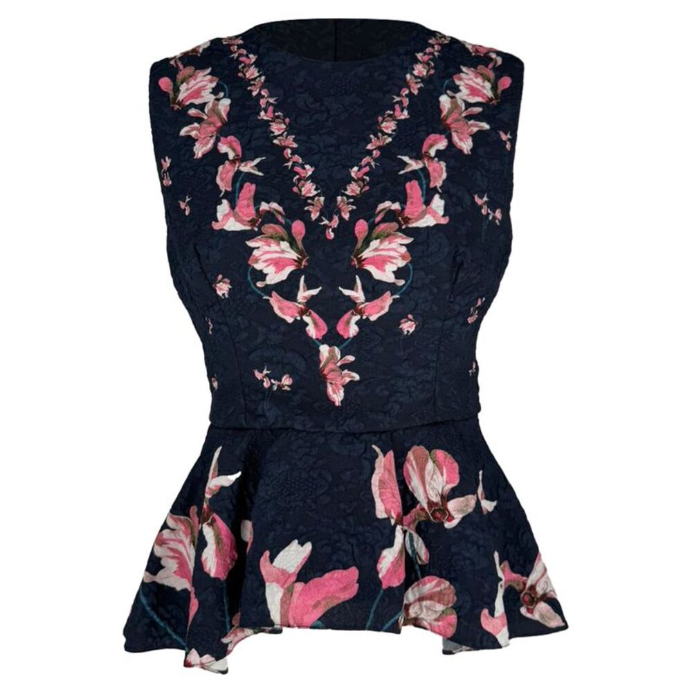 Erdem Lace Floral Print Peplum Blouse in Navy Blue Polyester